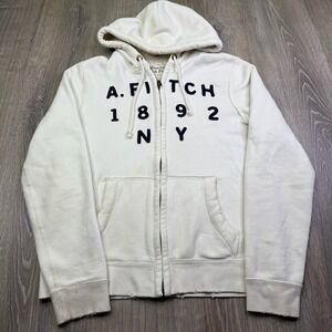 Vintage Abercrombie & Fitch Mens Off-White Fleece Muscle Full-Zip Hoodie Size M